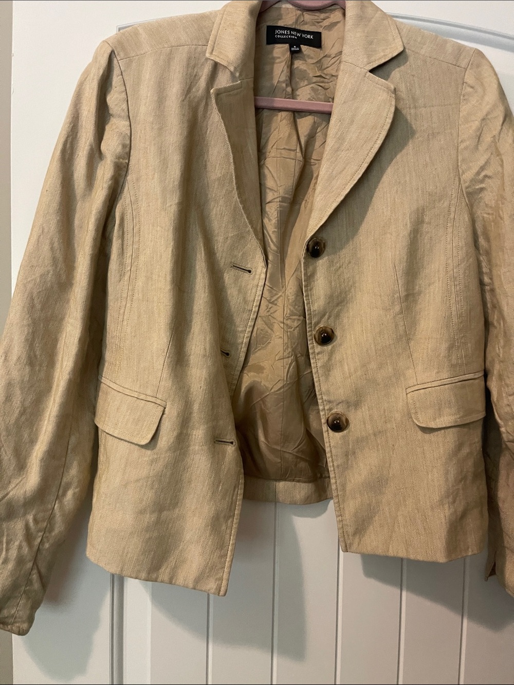Jones New York Beige Linen-Blend Notch Collar Blazer